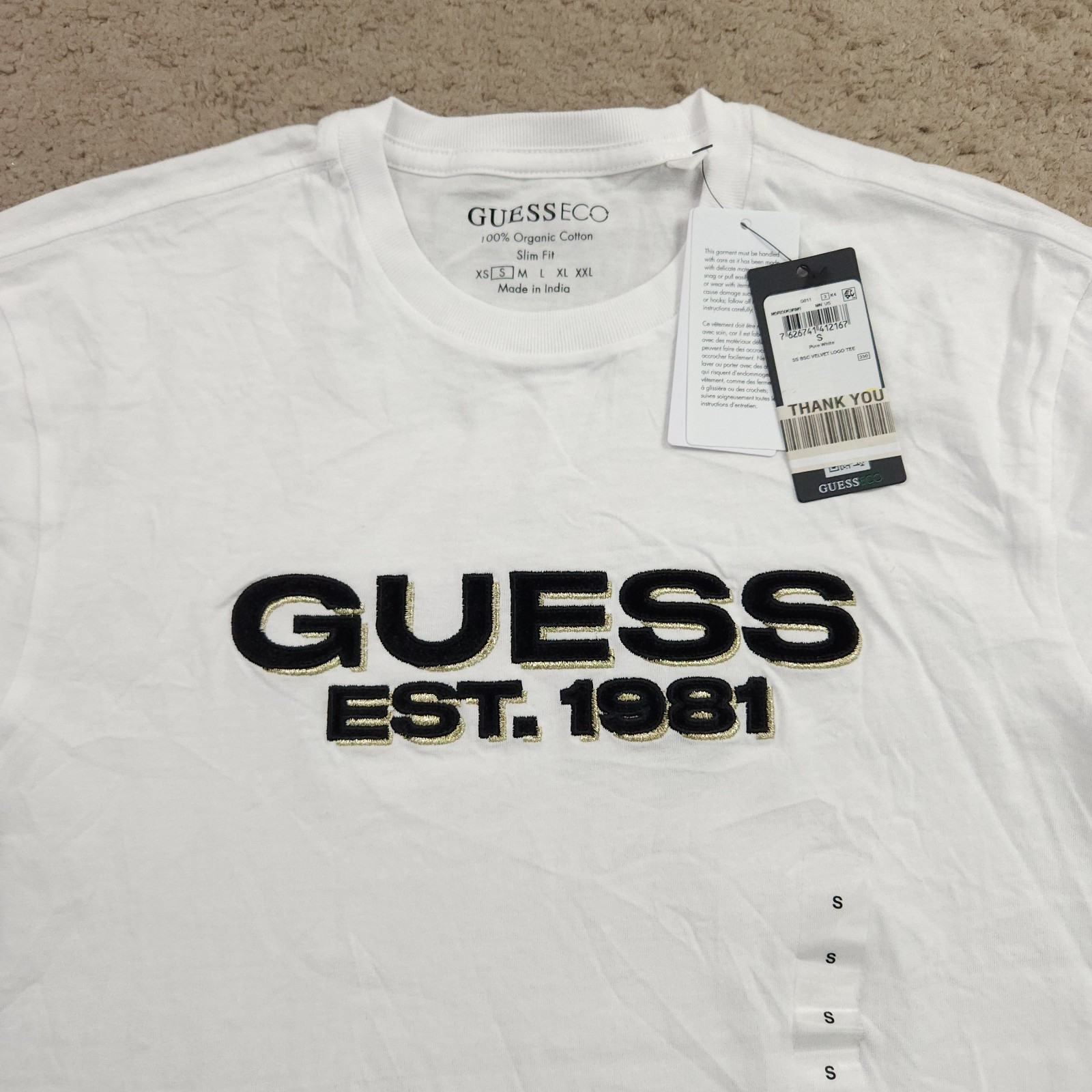 Guess Eco Men White Crewneck Embroidered Velvet Logo Tee Size S