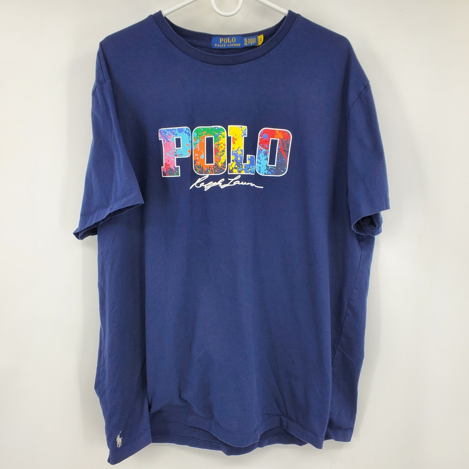 Polo Ralph Lauren Mens XL Navy Blue Paint Splatter Graphic Logo T-Shirt Cotton