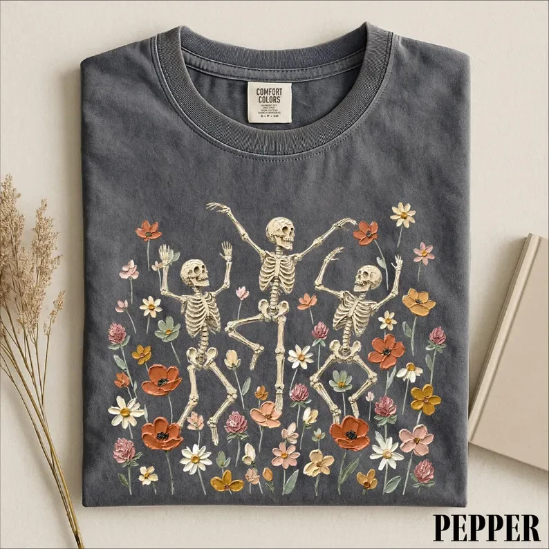 Dancing Skeleton Flowers Shirt Floral Halloween Graphic Tee Gildan Unisex