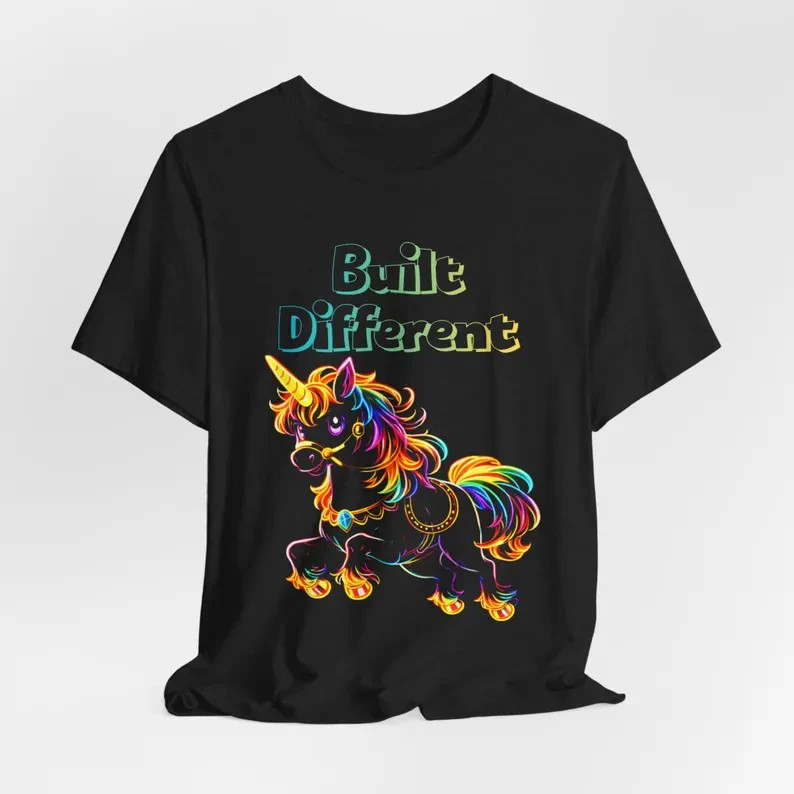 Built Different Rainbow Unicorn Neon Men’s Tee Shirt Funny Graphic Unique Street
