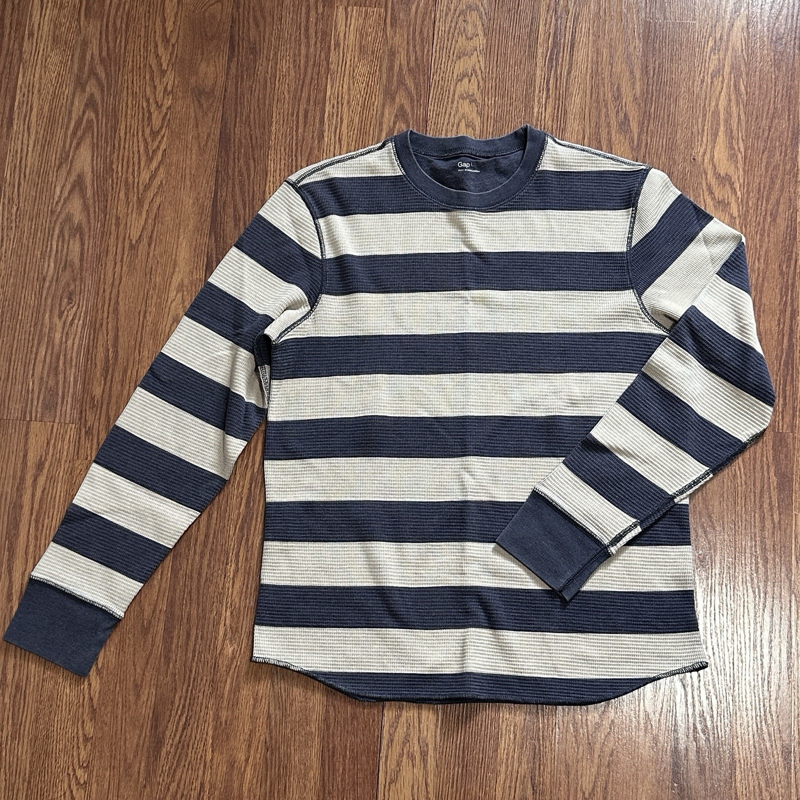 Y2K Gap Thermal Waffle Knit Shirt Men’s Large Blue Beige Striped Long Sleeve