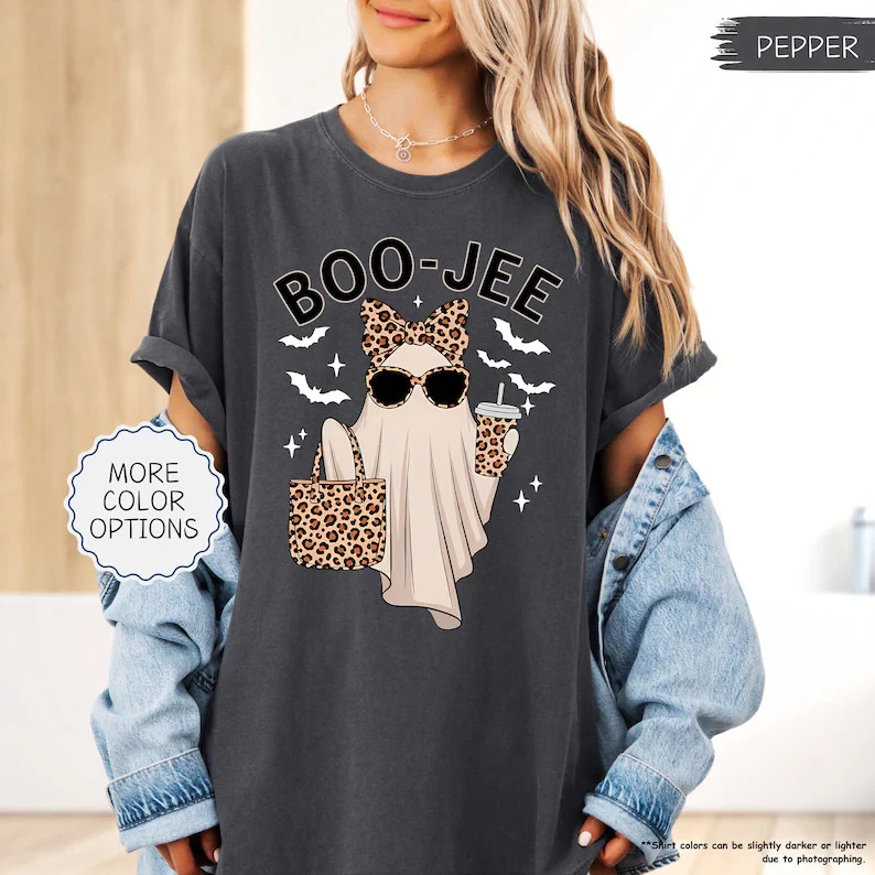 Funny Ghost Halloween Shirt Leopard Bow Coffee Graphic Tee Gildan Unisex Gift