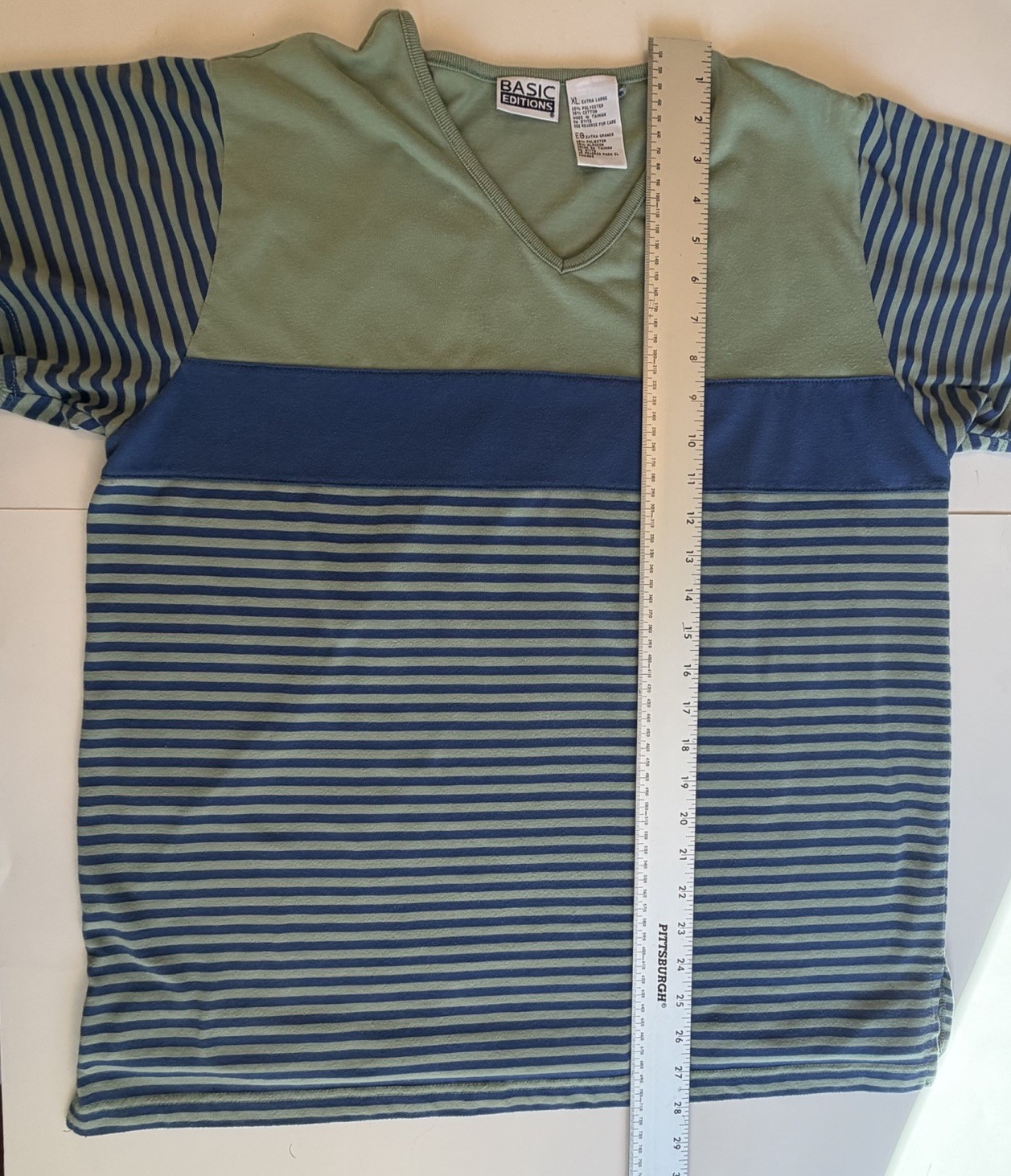 VTG Basic Editions Men XL V-Neck T-Shirt Green Blue Color Block Striped Casual