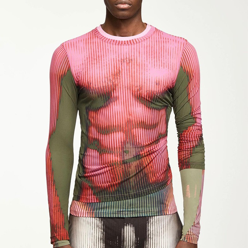 Men’s Autumn Tight Long Sleeve Sexy Top Striped Print Round Neck Elastic T-Shirt