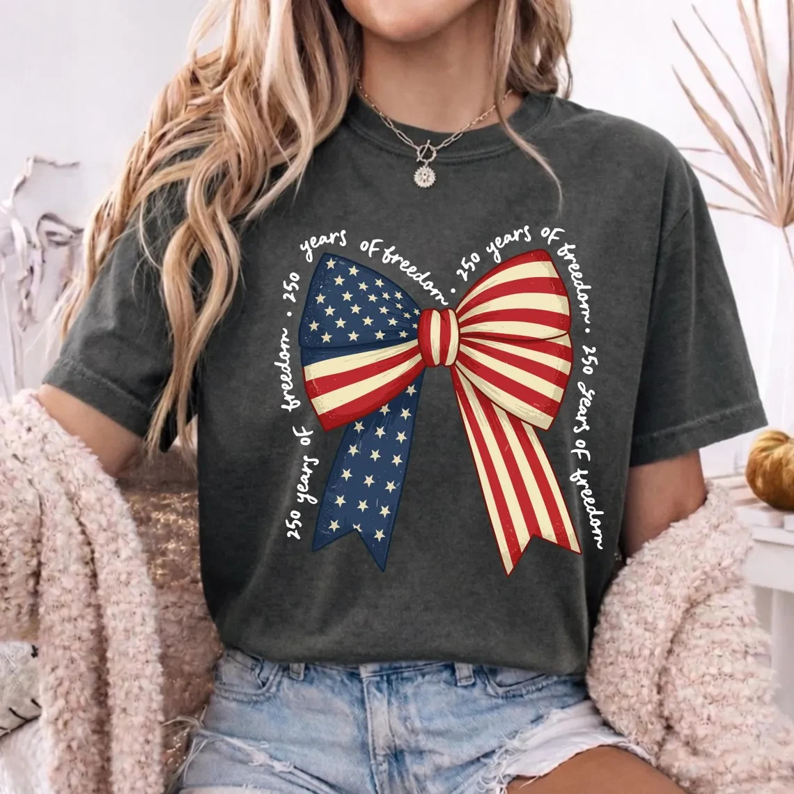 Comfort Colors Patriotic Bow Shirt Coquette 250 Years Of Freedom 4th of July Tee
