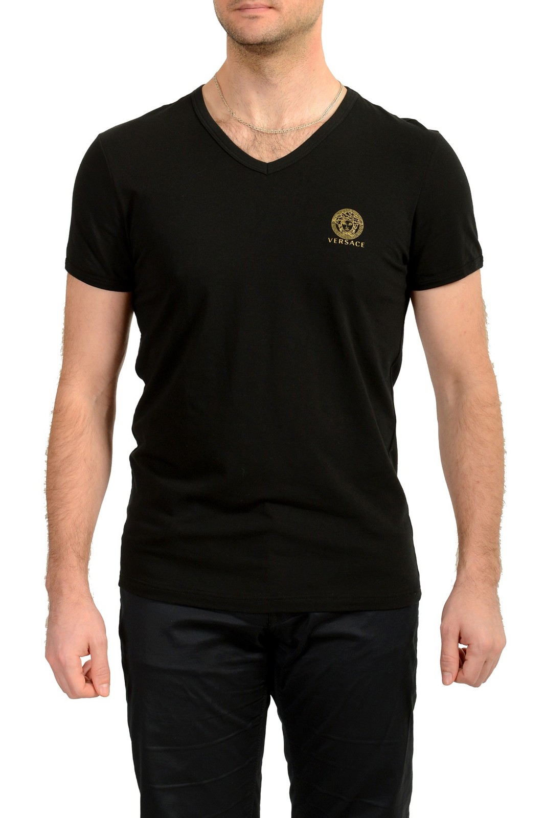 Versace Men’s Black Gold Medusa Print V-Neck T-Shirt Versace sz 3 US XS IT 46