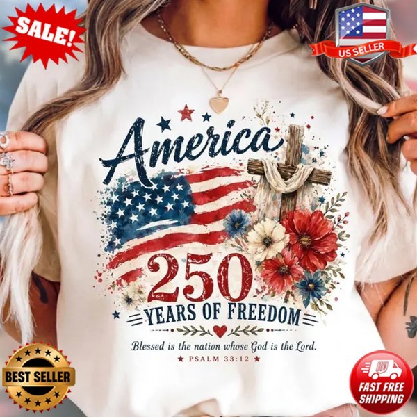 America 250 Years Faith Freedom Shirt Christian Patriotic Floral T-Shirt, S-5XL