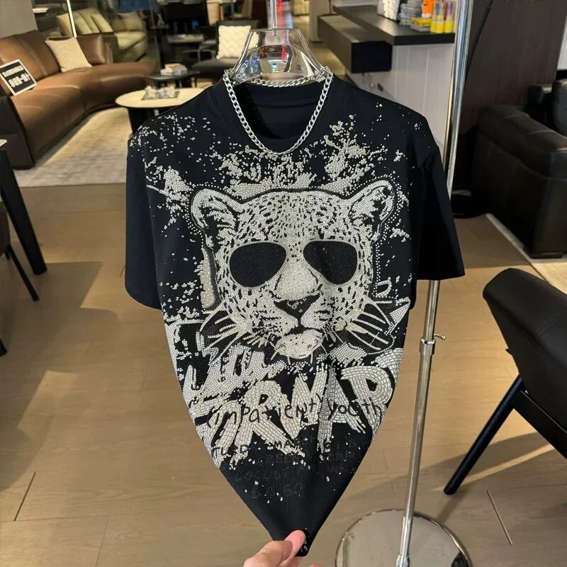 New Men Luxury Diamond Leopard Rhinestones Fashion T-Shirt High Quality 3 Colors