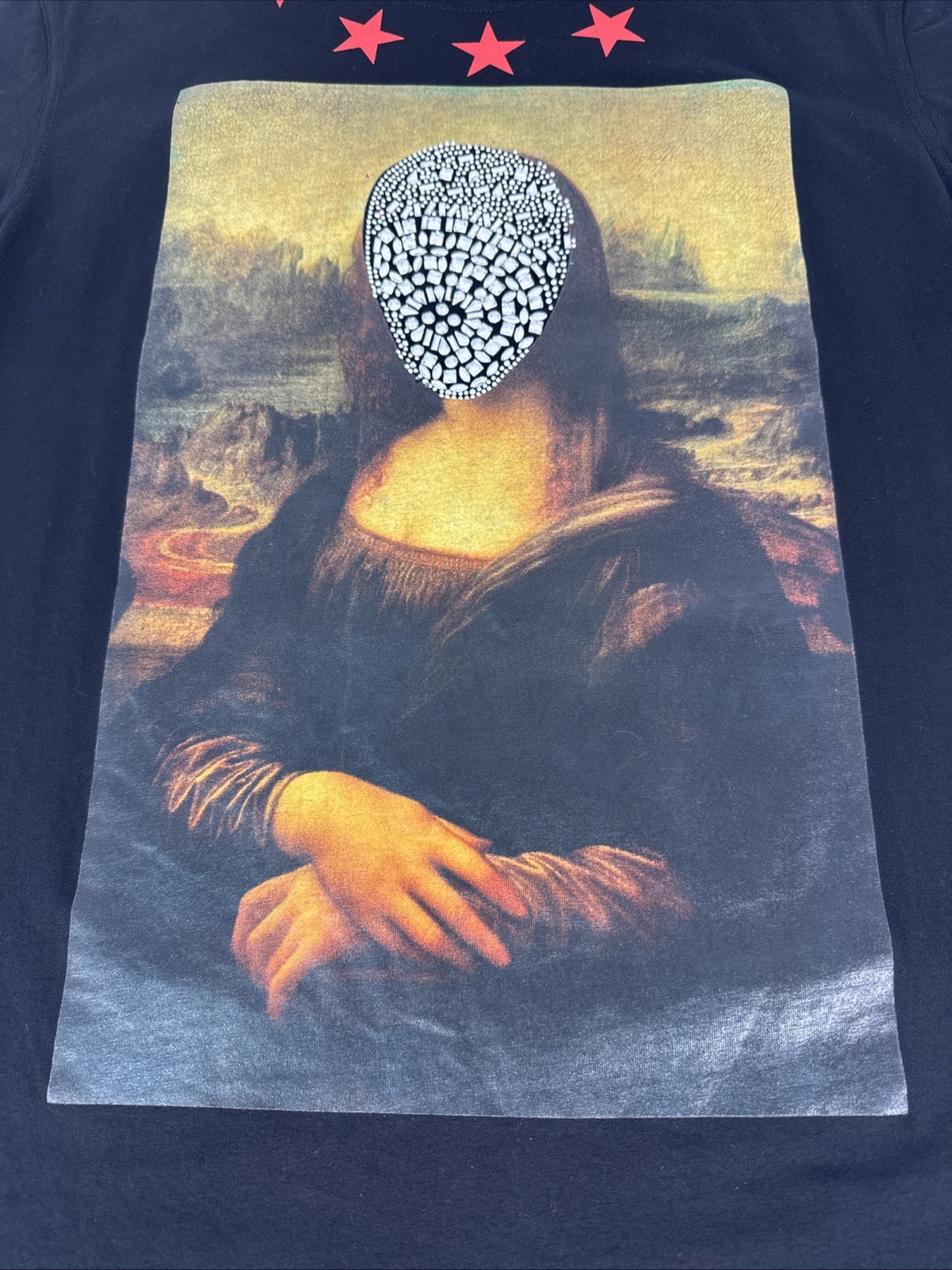 Hudson Outerwear Mens Black Mona Lisa Rhinestone Graphic Shirt Size M Red Stars