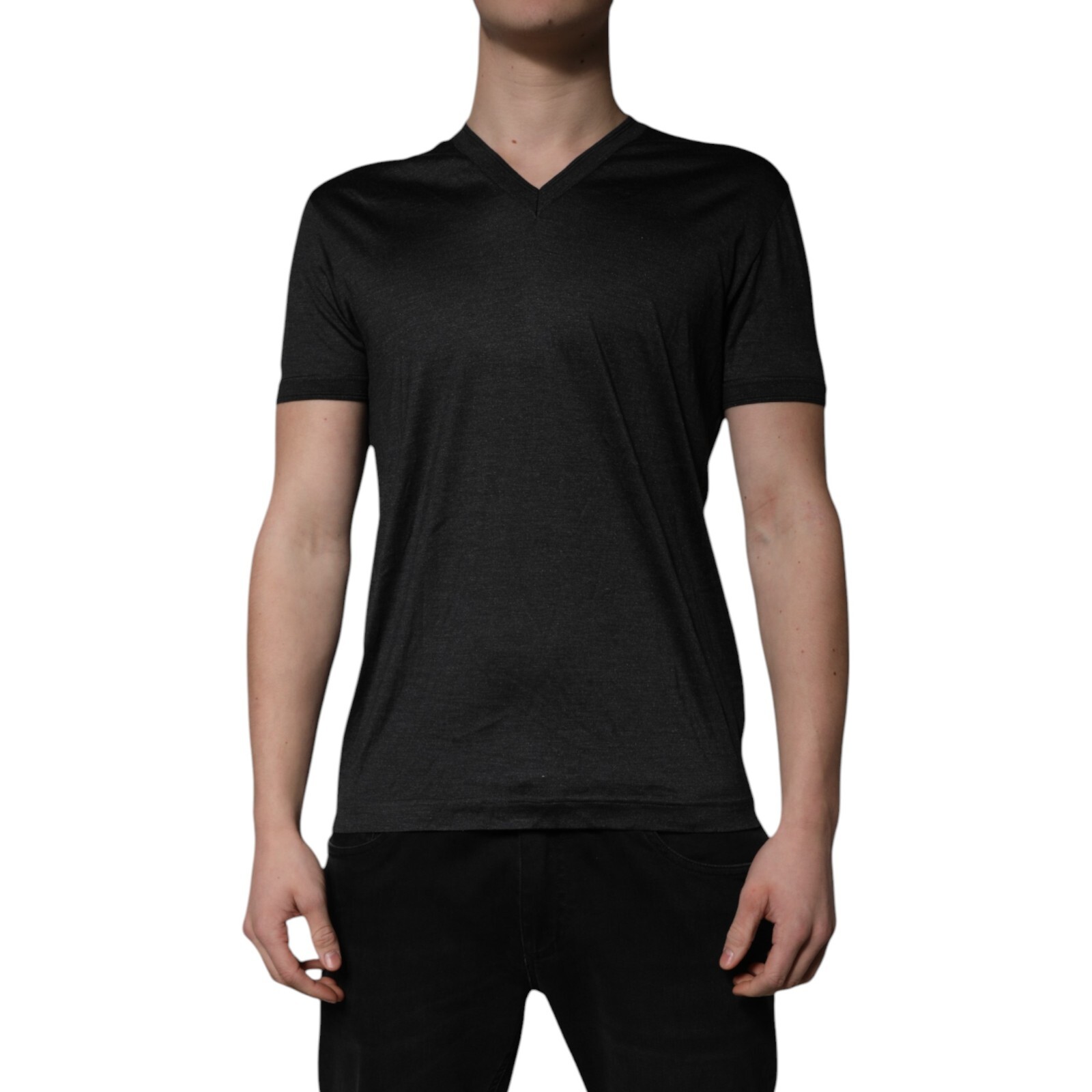 DOLCE & GABBANA T-shirt Dark Gray Silk V-neck Short Sleeves IT48/US38/M 670usd