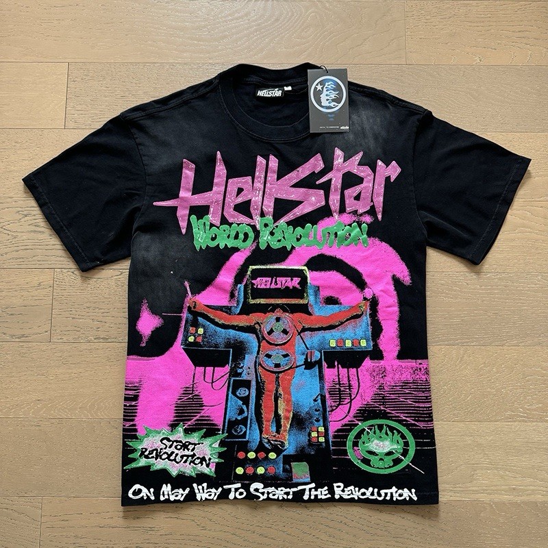 Hellstar 1:1World Revolution Tour Graphic Logo Tee Black Pink Green Short Sleeve