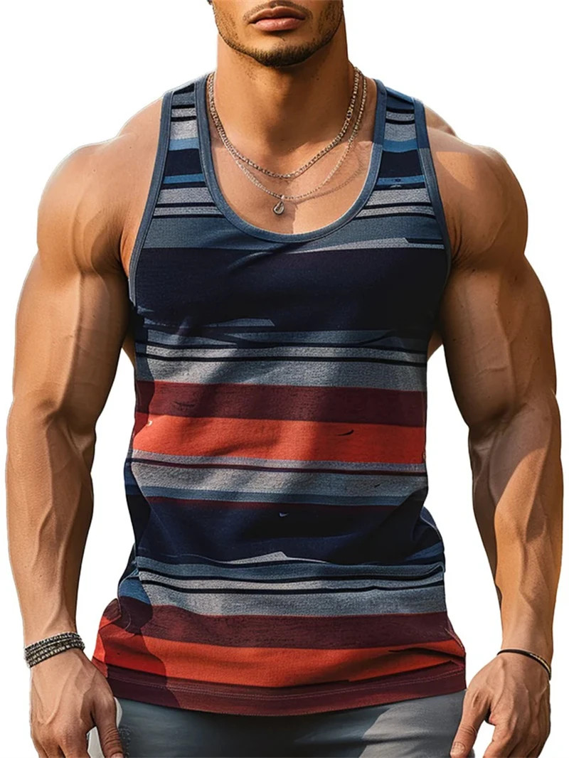 Retro Striped 3D Graphic Tank Top for Men – Sleeveless Quick-Dry Summer Vest