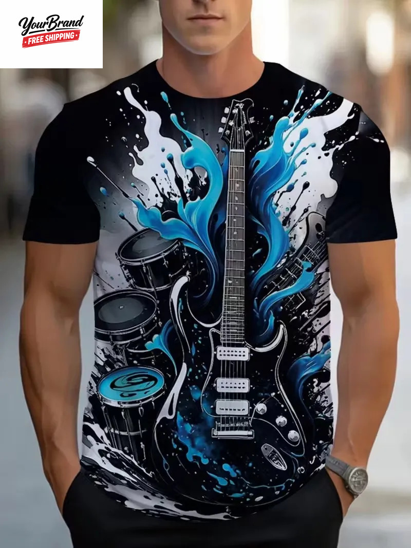 2025 Hip Hop Guitar Graphic T-Shirt for Men Trendy Rock Crew Neck Short Sleeve T