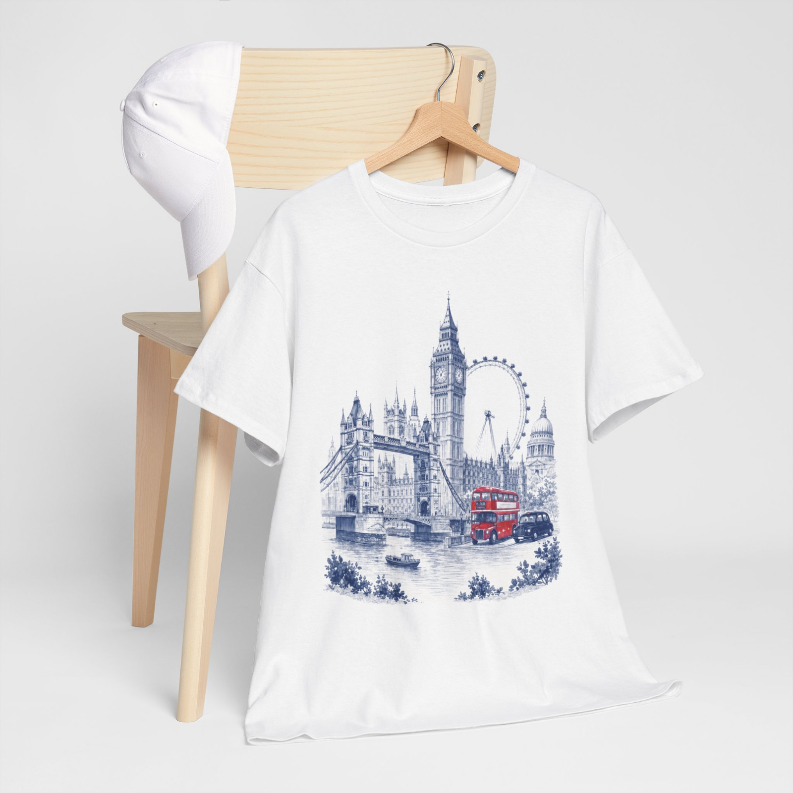 London Landmarks Big Ben Tower Bridge Red Bus Graphic T-Shirt