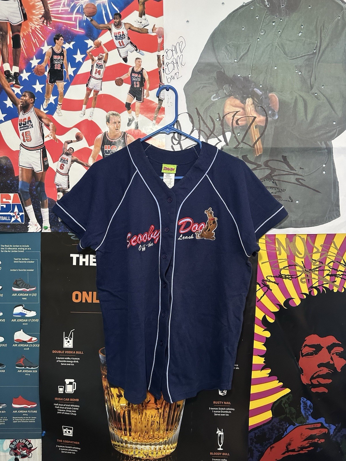 Scooby-Doo! Blue V-Neck Button Front Baseball Jersey T-Shirt Men’s L Cotton