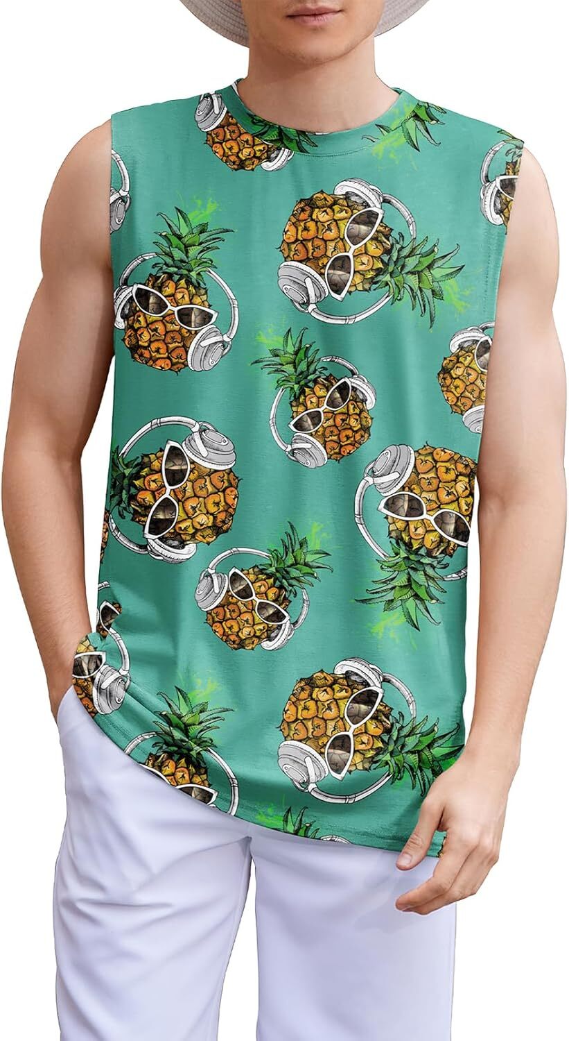 Mens Sleeveless Tank Top Summer Beach Graphic Muscle Tee Shirt Casual Hawaiian