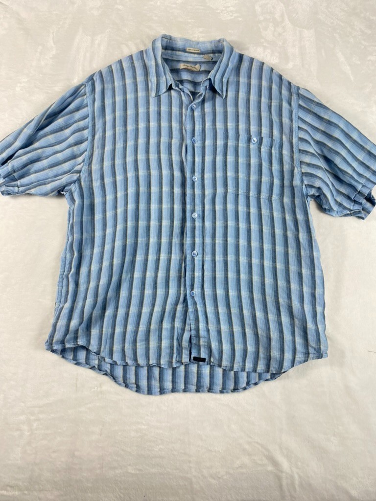 Indigo Palms 100% Irish Linen Shirt Men Sz XL Blue Plaid Short Sleeve Resort