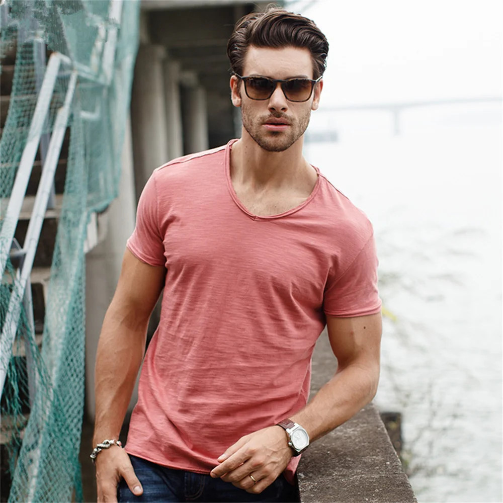 100% Cotton Men T-shirt V-neck Lightweight Summmer Slim Fit T-shirts Male Tops