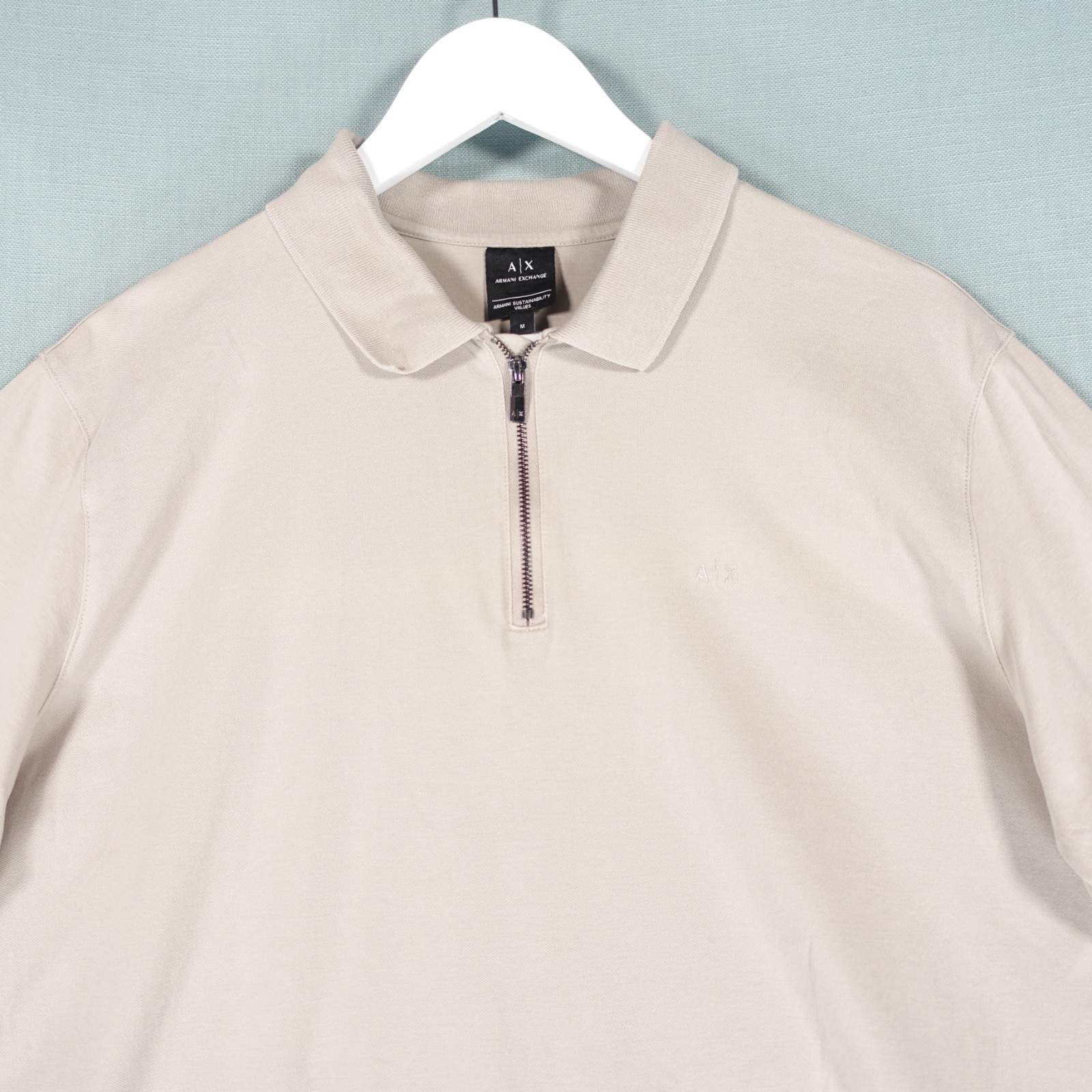 Armani Exchange Polo T Shirt Men Medium Beige Cotton 1/4 Zip Short Sleeve Rivera