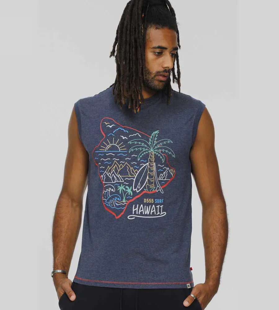 D555 Mens Hawaii Printed Sleeveless T-Shirt Vest Blue S M L XL XXL (601520-R)