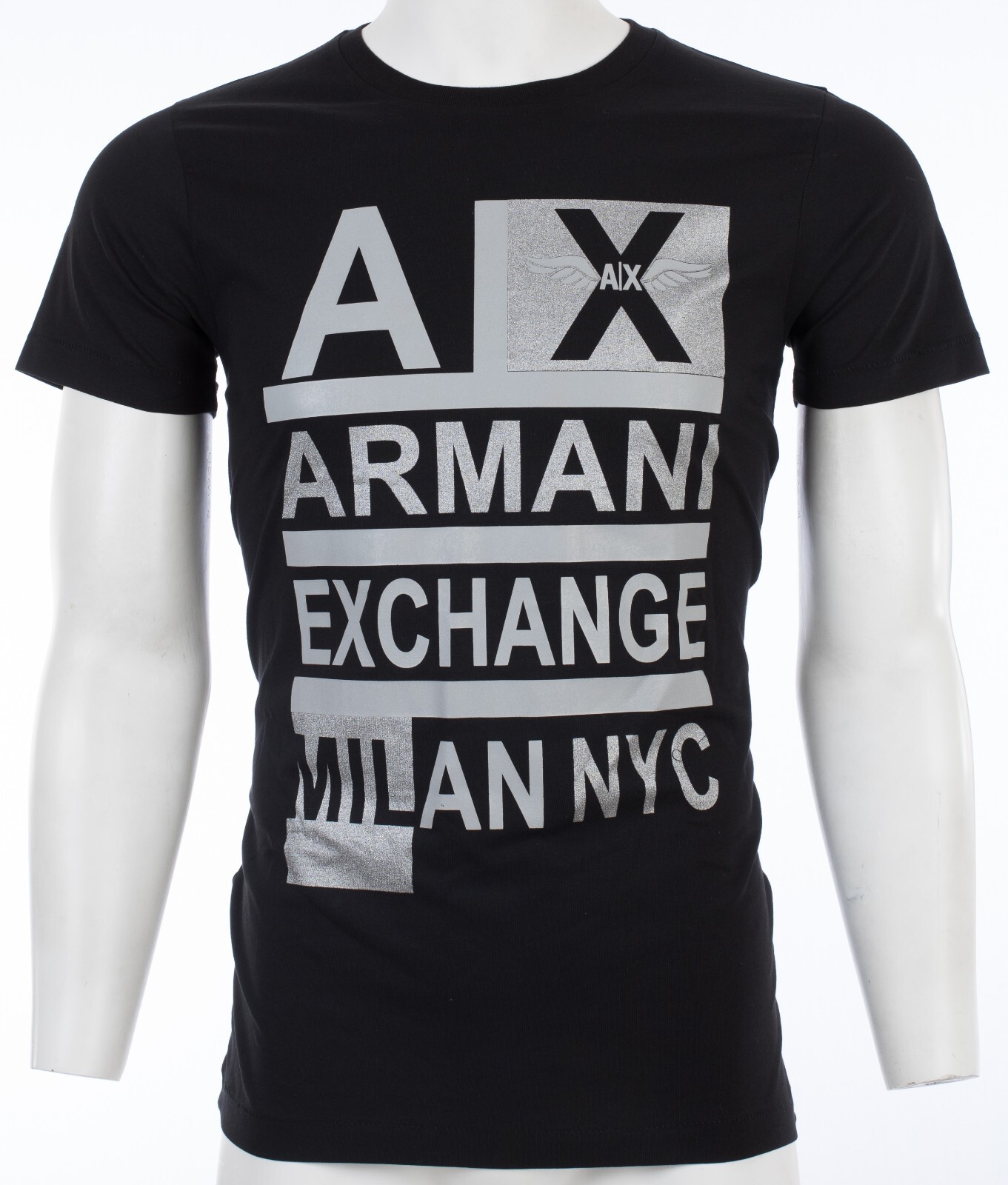 $50 ARMANI EXCHANGE Black STACKED Short Sleeve Slim Fit Designer T-shirt NWT