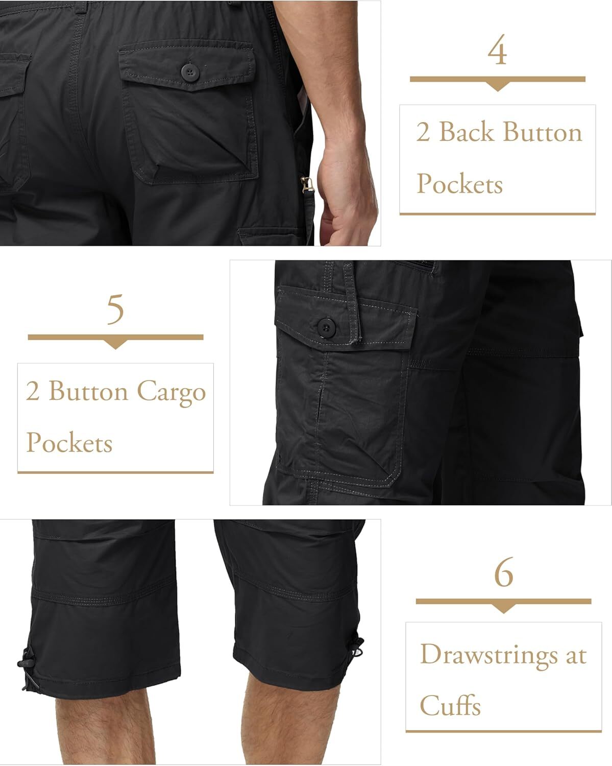 MAGCOMSEN Men’s Below Knee Long Shorts Cotton Work 3/4 Cargo Capris 40, Black