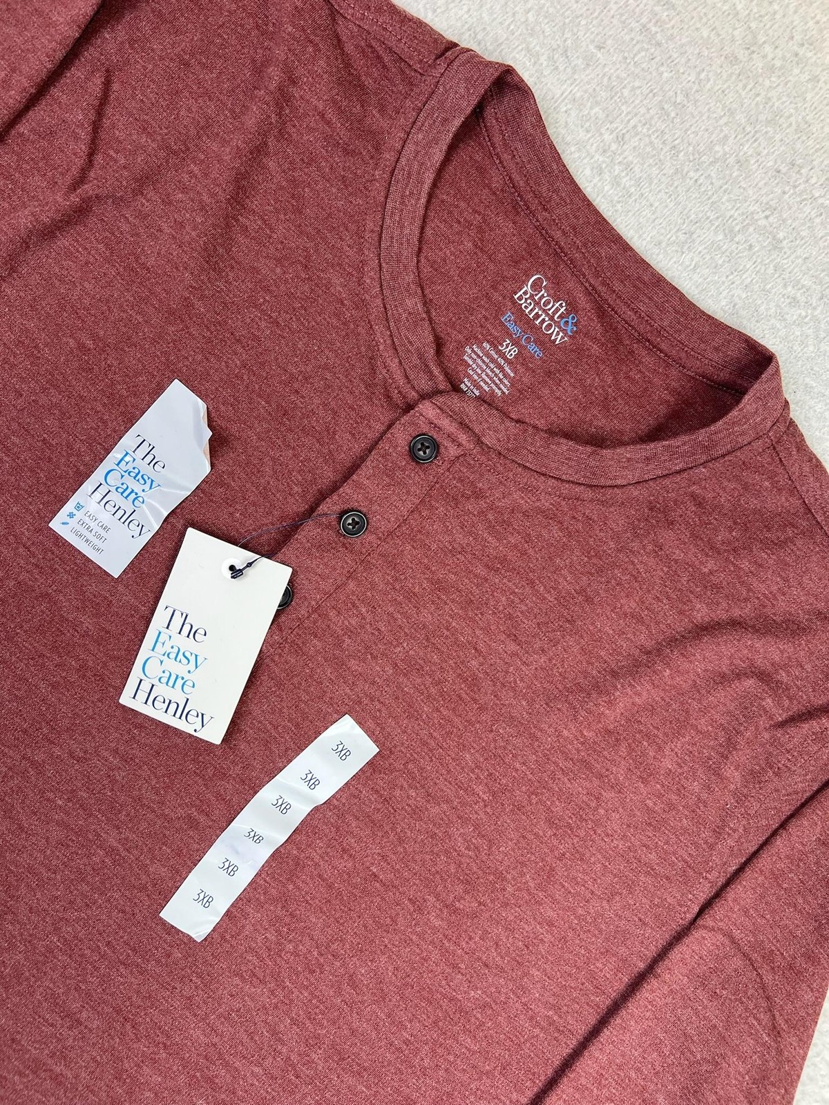 Croft & Barrow Henley Shirt Mens Big 3X Red Easy Care Long Sleeve Lightweight