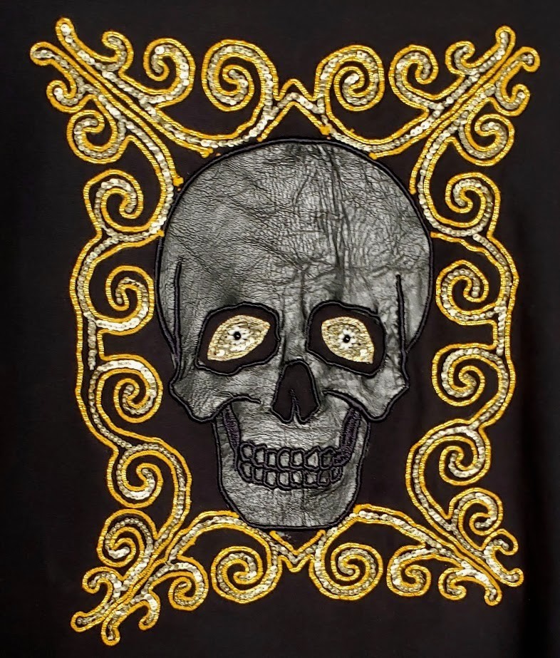 VTG 1990s 90s Y2K Edward Dada Black Leather Applique Skull Embellished Tee Shirt
