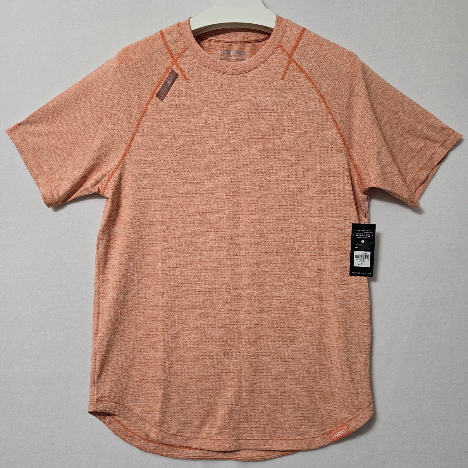 $50 Legends Mens Enzo Tee Coral Heather Sz Medium Athletic Scalloped Hem NWT