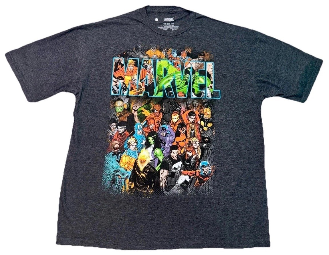 Marvel Comics Men’s XXL Character Collage Print T-Shirt Gray Mad Engine Avengers