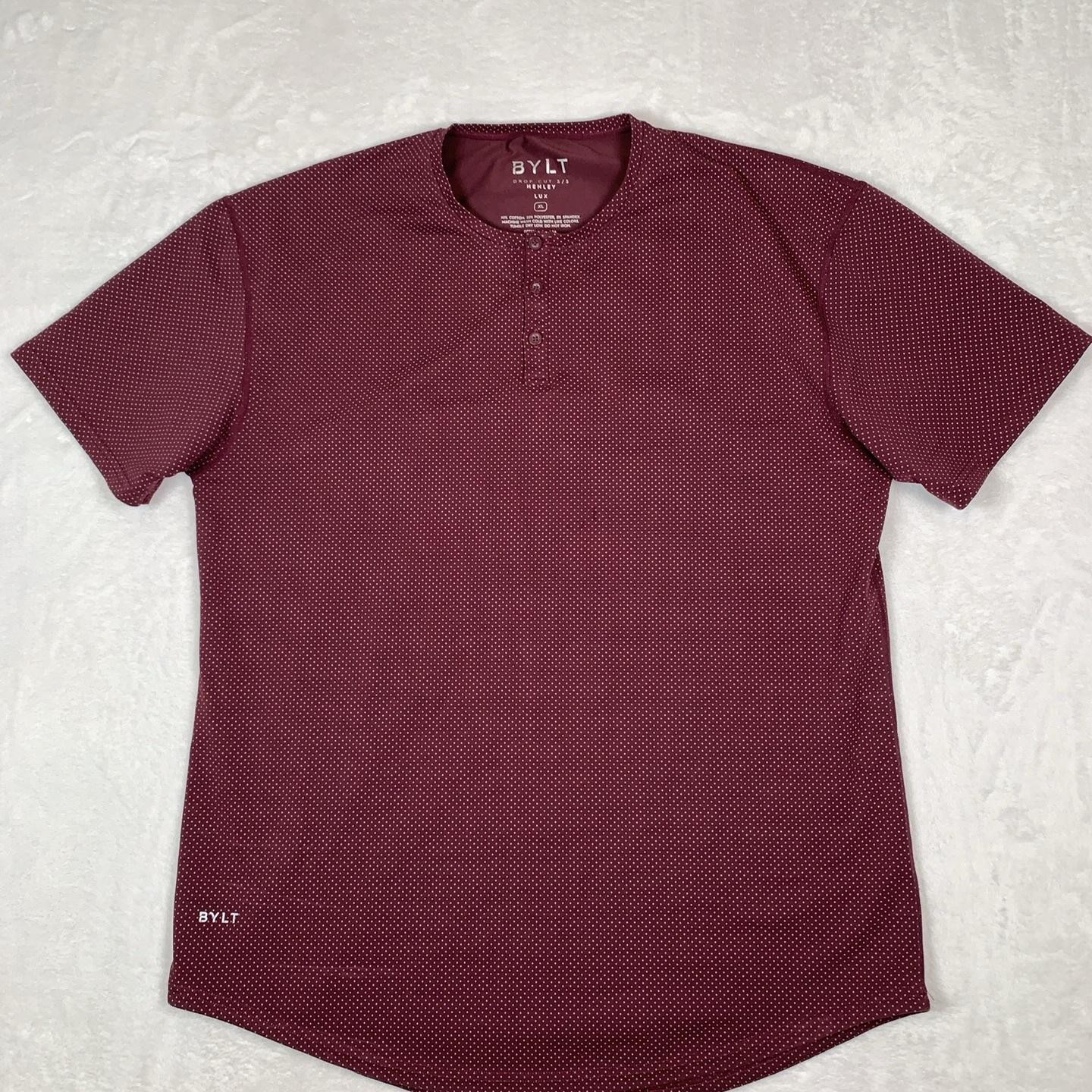 BYLT Drop-Cut Henley Shirt Mens XL Red Polka Dot LUX Short Sleeve Athletic Fit