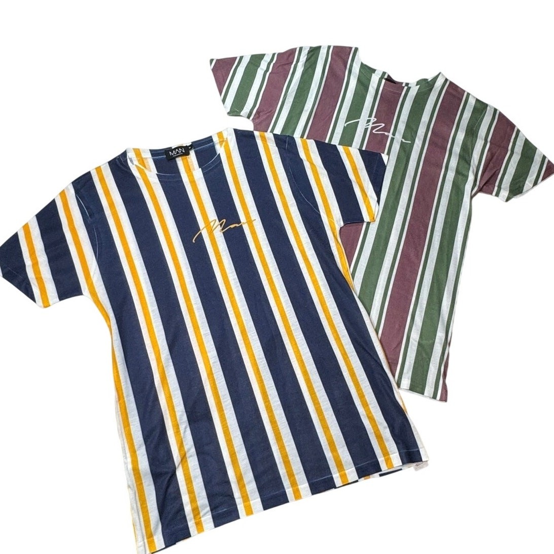 boohooMAN Mens Knit Shirt Bundle Pink Green Navy Yellow Stripe 2 Pack Medium