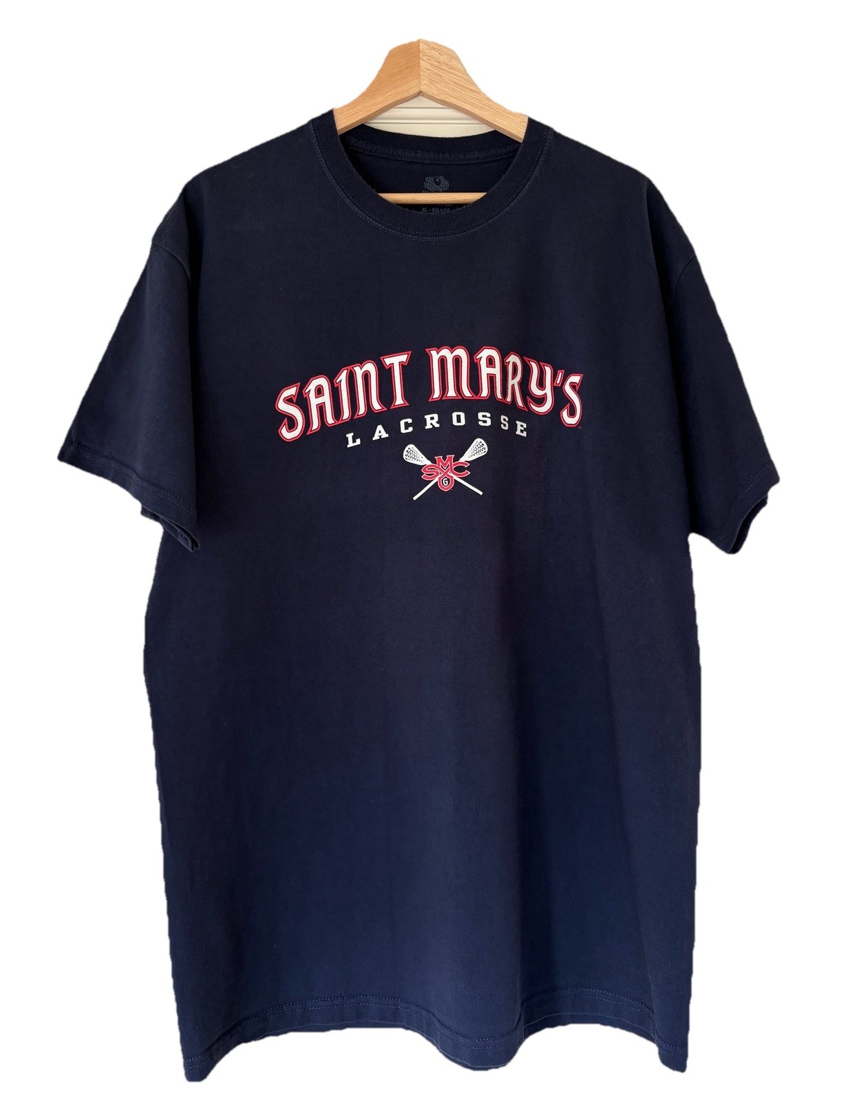 Saint Mary’s College T-Shirt Lacrosse XL Navy Blue w/red logo, Fruit of Loom Tee