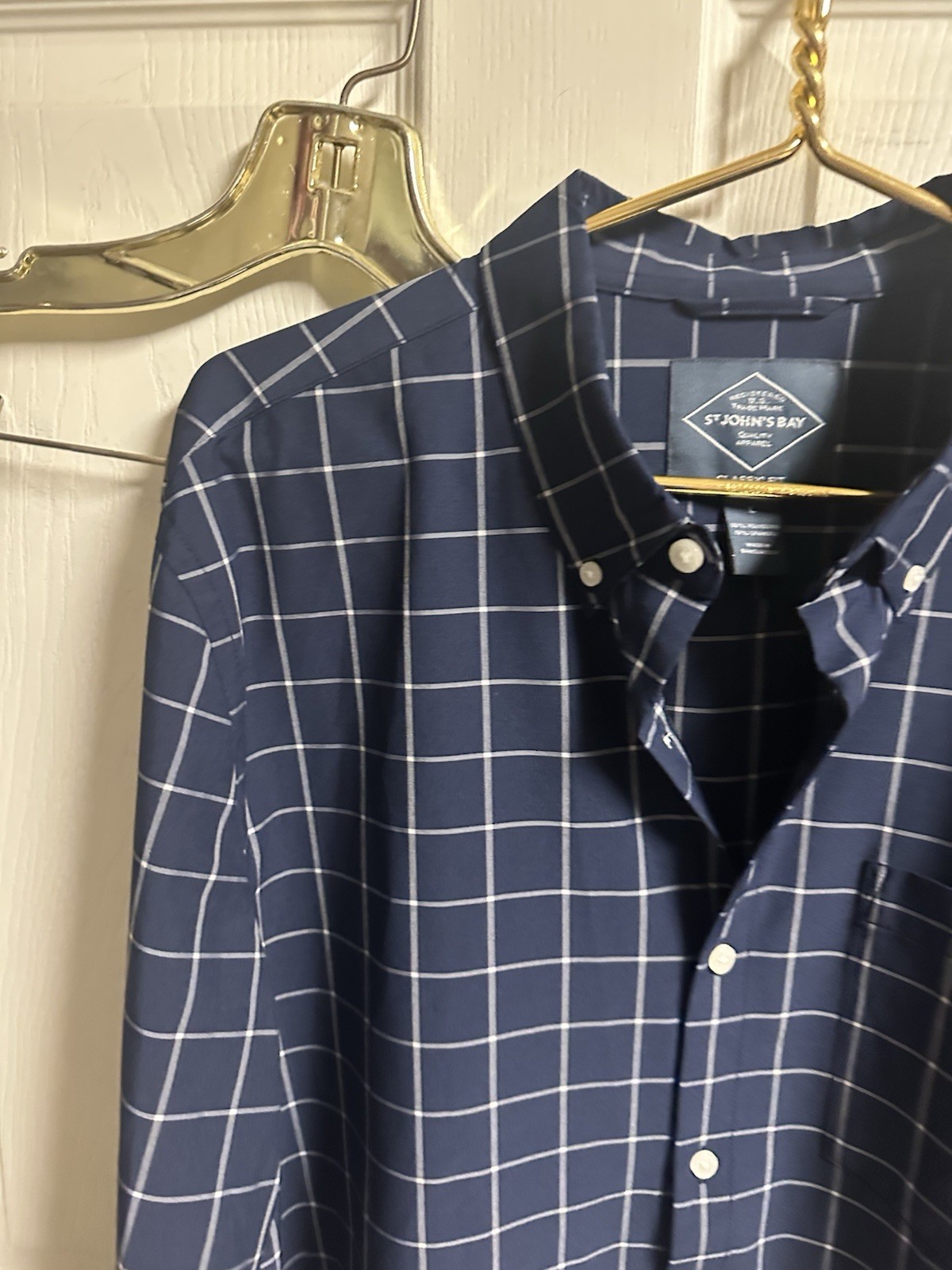 St. John’s Bay Button Up Shirt CLASSIC Easy Care Blue Plaid Quick Dry Large 46w