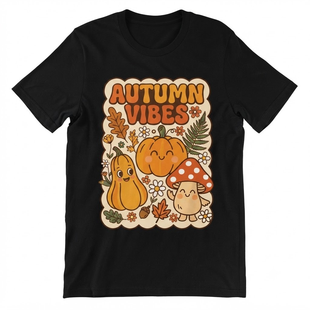 Autumn Vibes Retro Cute Pumpkin Gourd Mushroom Flower T-shirt For Men Women