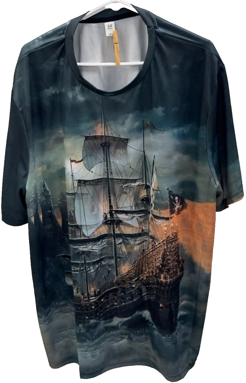 HMXRBY, S/S, 3XL, T-Shirt w/Pirate Ship, Multicolored w/Great Graphics