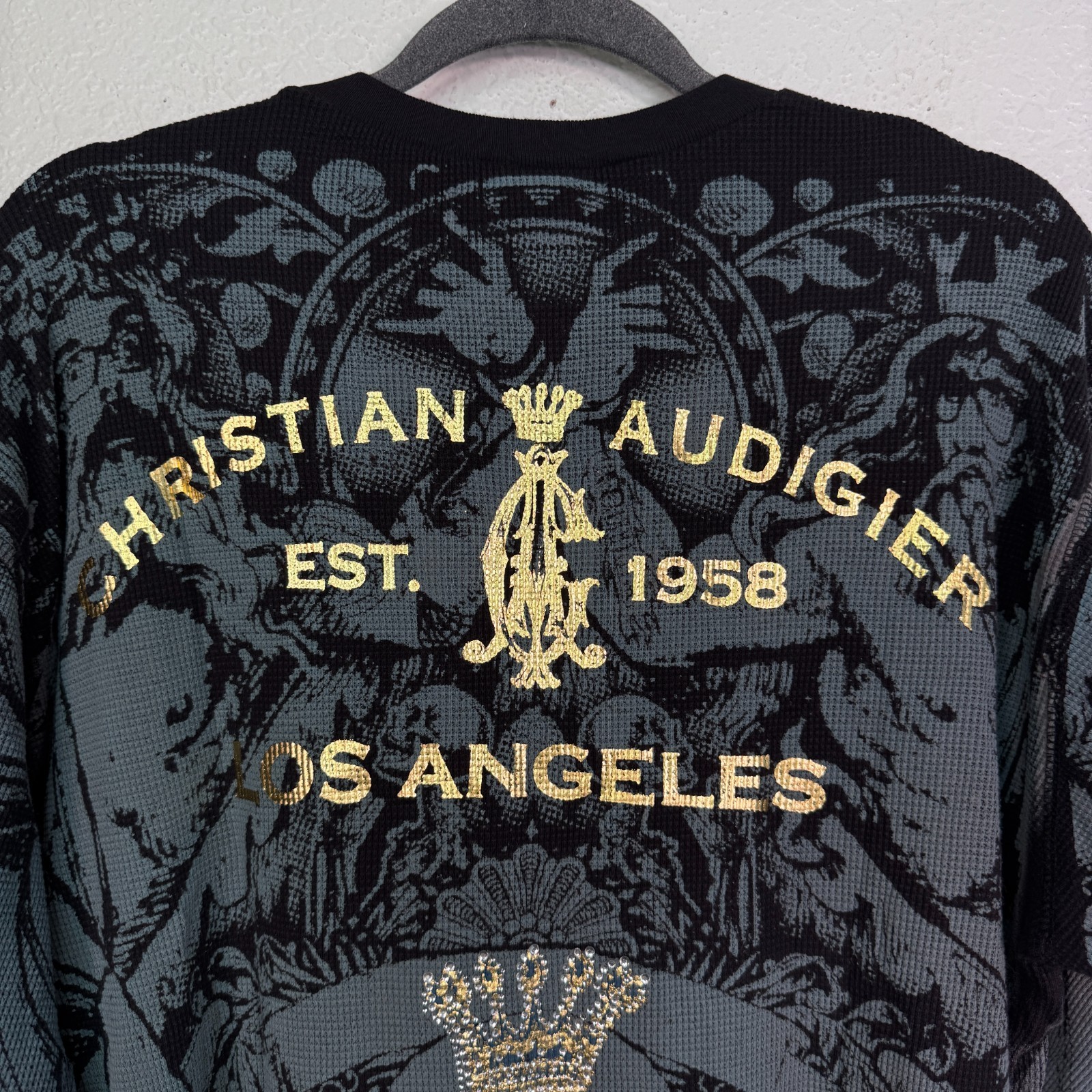 Christian Audigier Shirt Mens XL Thermal Skull Rose Rhinestone Y2K Tattoo NEW