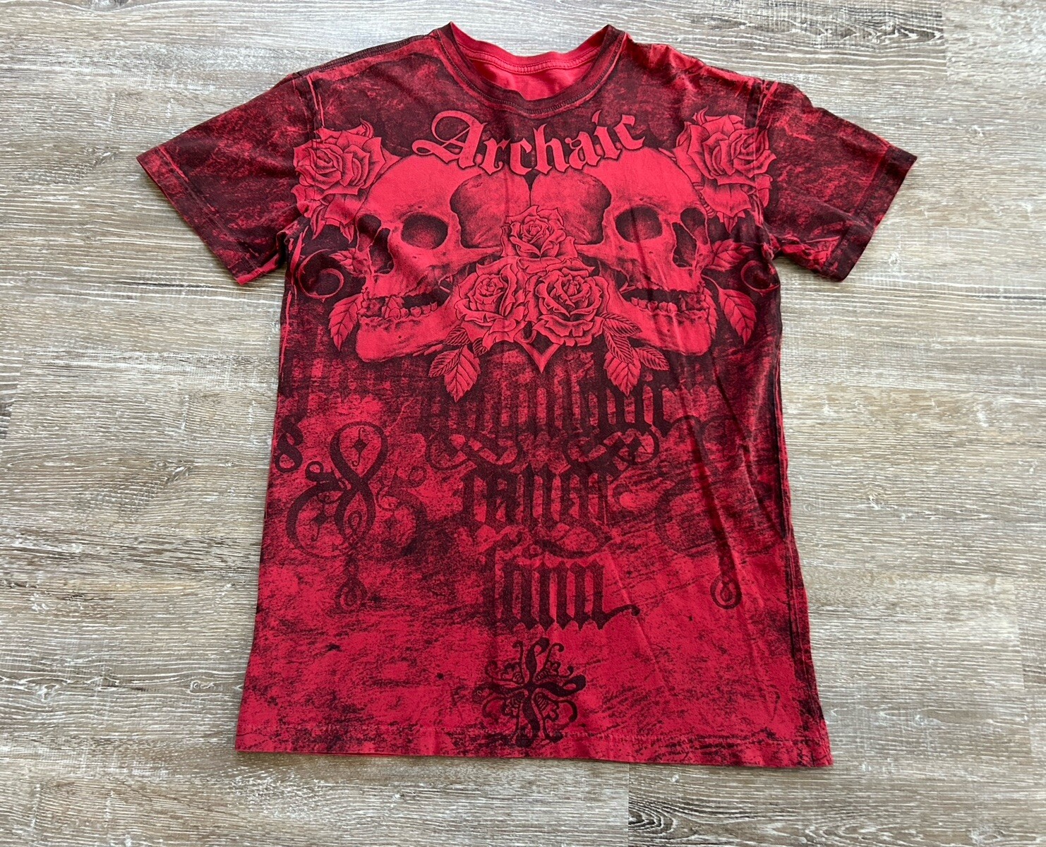 Archaic x Affliction T Shirt Skeleton Skull Roses Graphic Grunge Biker Goth Sz L