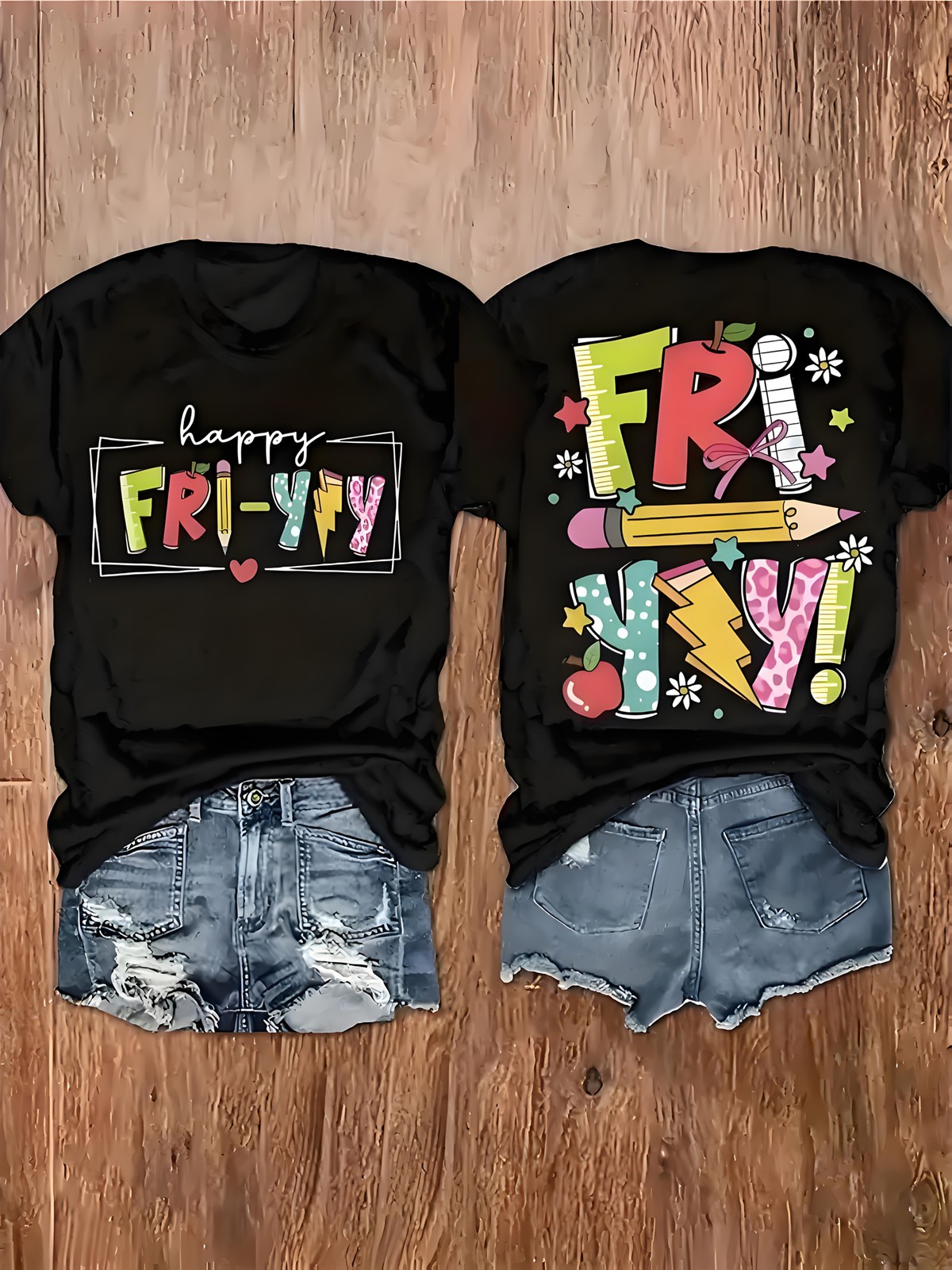 Happy Fri-Yay Teacher T-Shirt | Colorful School Supplies Graphic Tee
