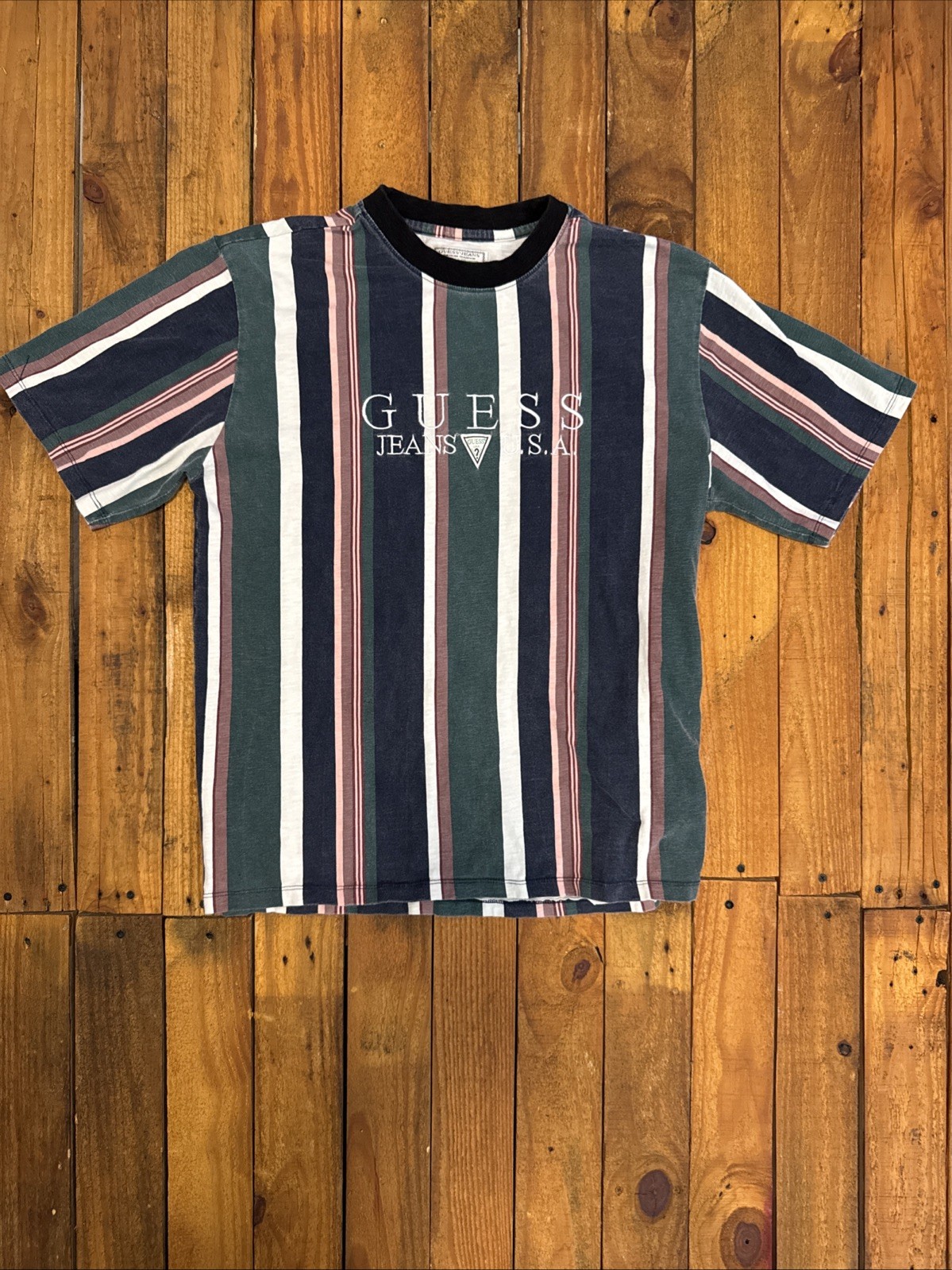 GUESS JEANS retro style men’s vertical stripe shirt-Large-with logo-EUC