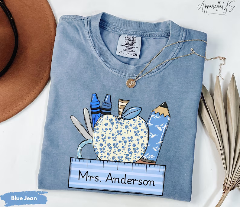 Personalized Teacher T-Shirt Blue Floral Apple Custom Name School Graphic Tee