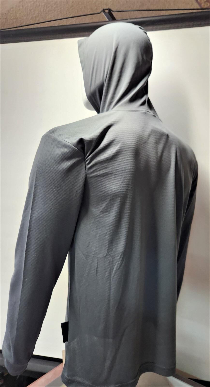 Gray Long Sleeve Shirt With Hoodie, Polyester birdeye mesh fabric