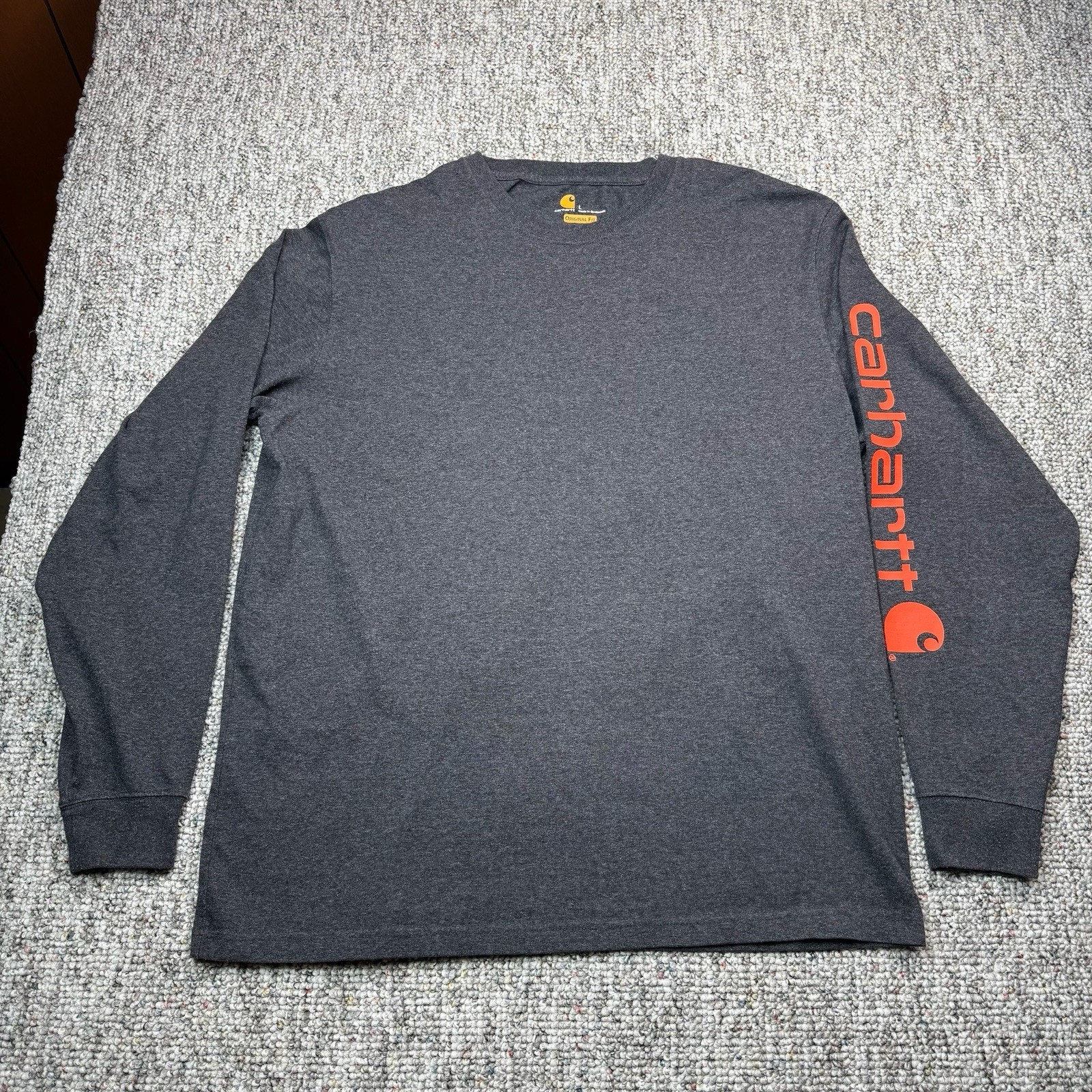 Carhartt Shirt Mens Large Long Sleeve Charcoal Gray Orange Logo K231 CRH