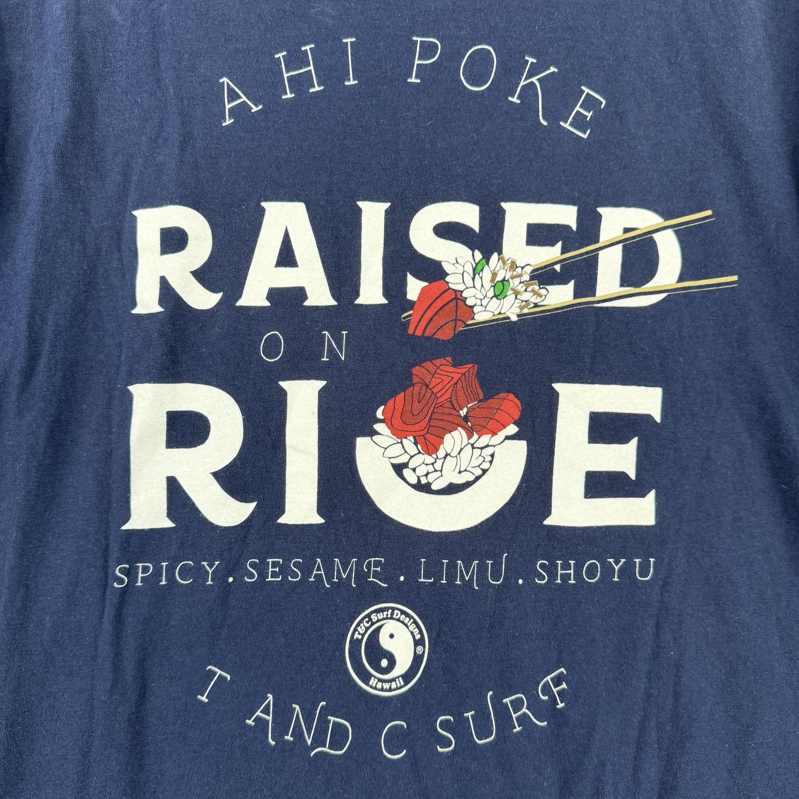 T&C Surf Designs Shirt Mens Medium Blue Ahi Poke Raised On Rice Tee T-Shirt