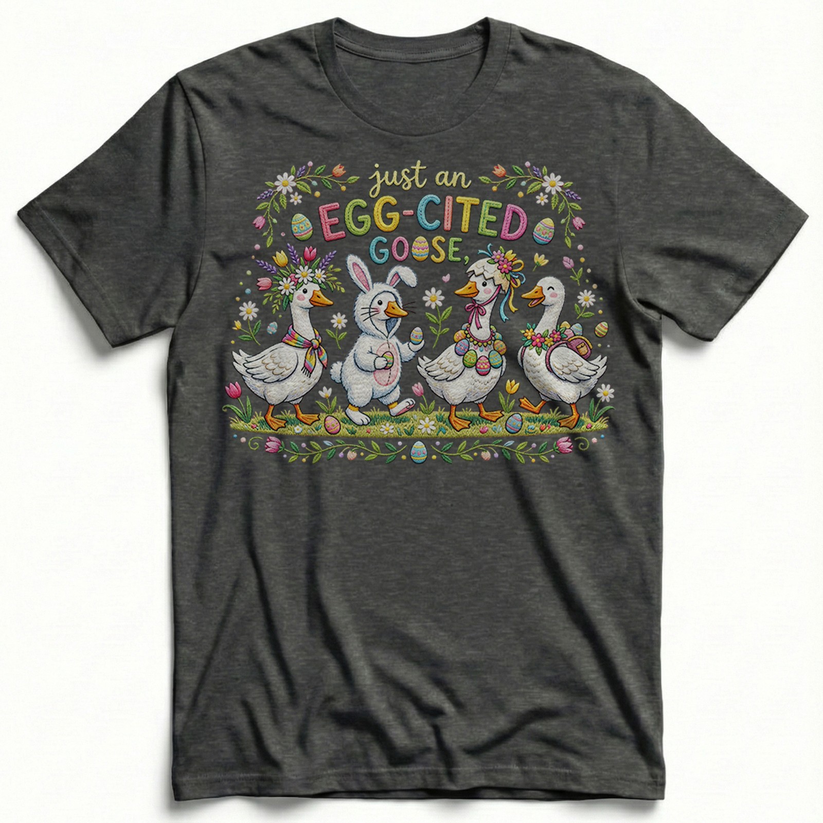 Egg Cited Goose Easter Duck Floral T-Shirt Spring Holiday Cute Animal Tee