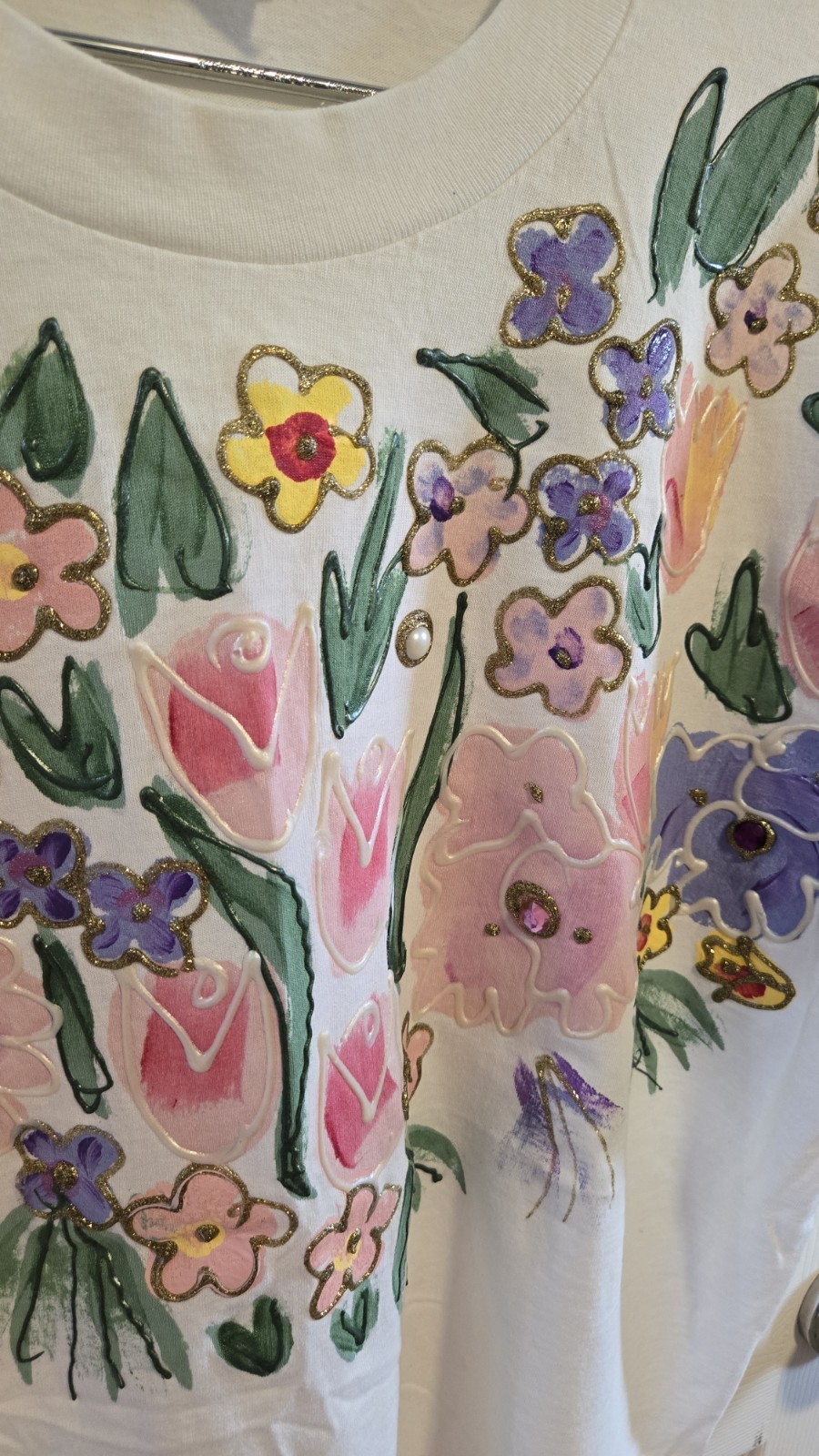 Hand Painted Floral T Shirt Single Stitch Vtg USA Rhinestone Art Tee OSFA M/L