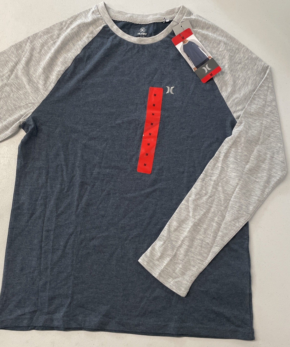 HURLEY Men’s Raglan Tee Shirt Colorblock Long Sleeve Pullover BLUE/GRAY MEDIUM