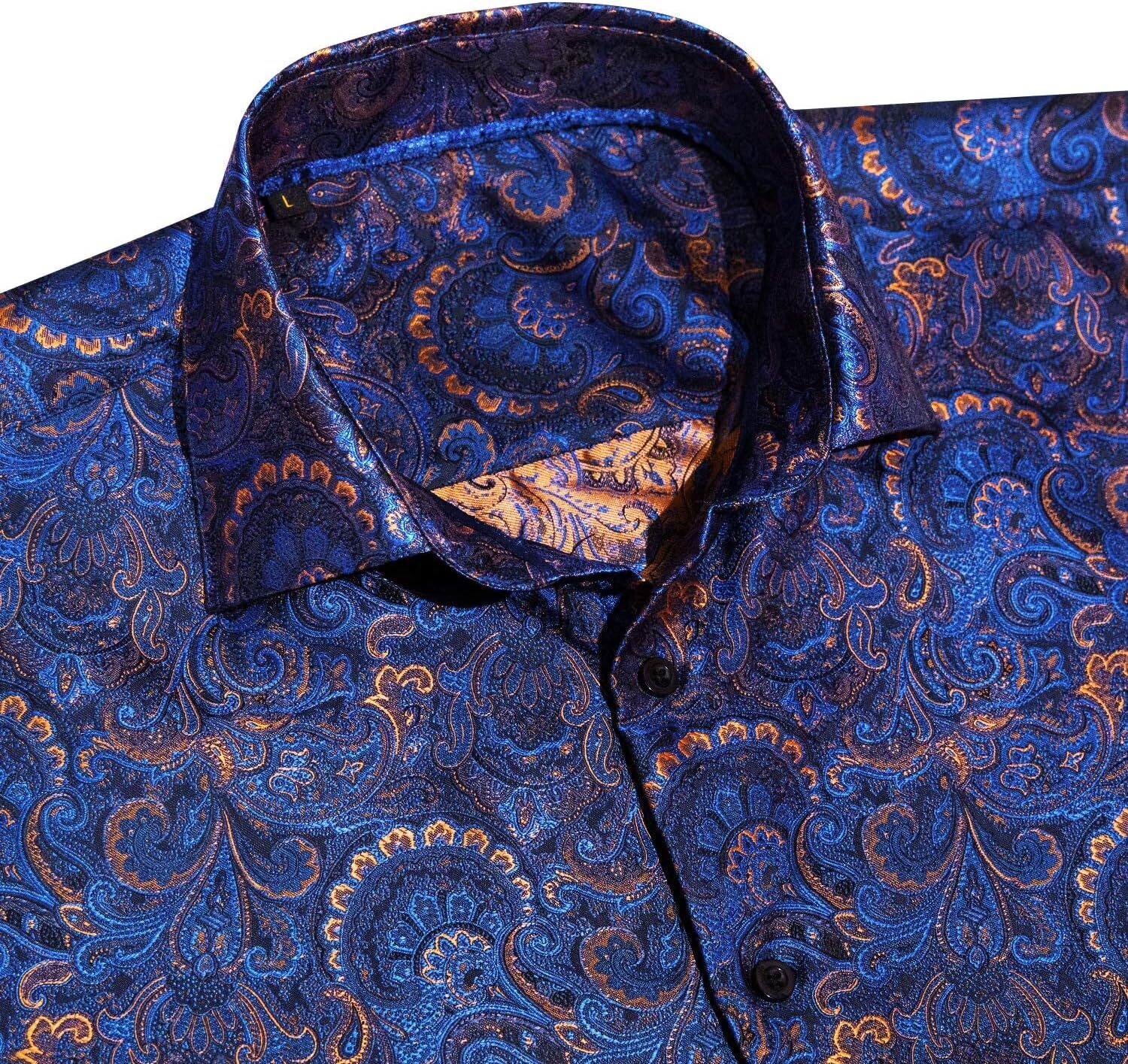 Mens Silk Paisley Western Shirt Long Sleeve Button Down Cowboy Dress Top Casual