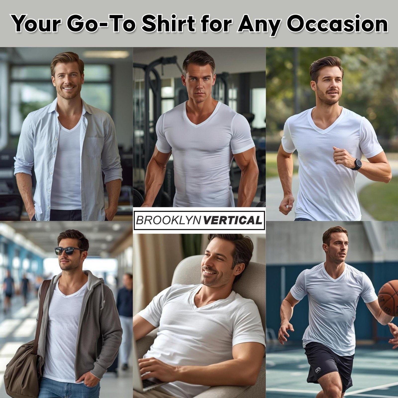 Brooklyn Vertical Mens 6-Pack V Neck Undershirts Short Sleeve Cotton Round Neck