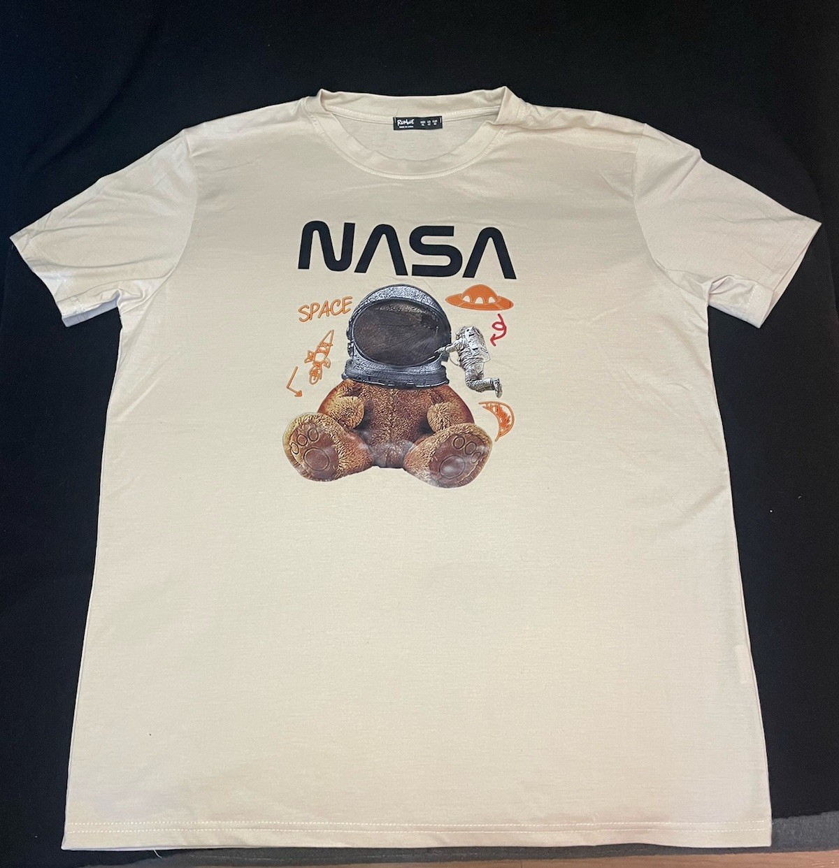 Romwe Men’s Beige NASA Space Graphic Crew Neck Tee Short Sleeve Sz XL